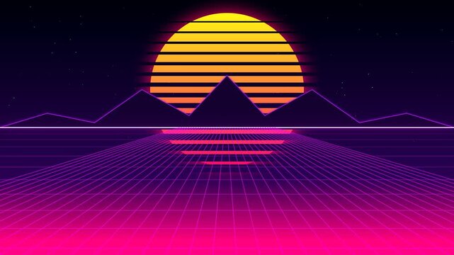 Animated Retro Synthwave Neon City Sunset Futuristic Skyline Loop Motion Graphic Loop Featuring Modern Design Elements for Digital Media and Corporate Presentations