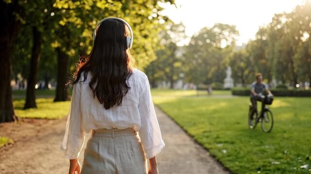 Woman Wearing Headphones Walks Along Tree Lined Park Path in Warm Evening Light as Cyclist Passes Nearby, Peaceful Outdoor Lifestyle and Recreation Scene