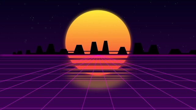 Animated Retro Synthwave Neon City Sunset Futuristic Skyline Loop Motion Graphic Loop Featuring Modern Design Elements for Digital Media and Corporate Presentations