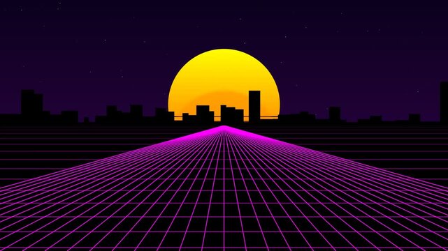 Animated Retro Synthwave Neon City Sunset Futuristic Skyline Loop Motion Graphic Loop Featuring Modern Design Elements for Digital Media and Corporate Presentations