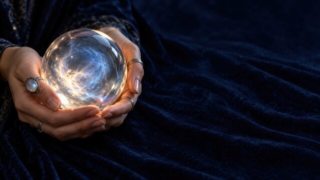 Close-up of woman holding glowing crystal ball in hands with dark fabric background at night