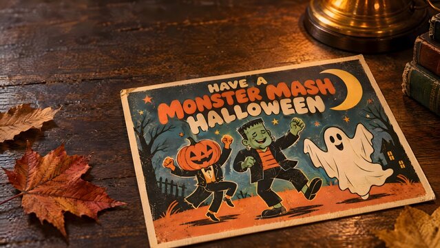 retro vintage halloween postcard with dancing frankenstein pumpkin and ghost on wooden table