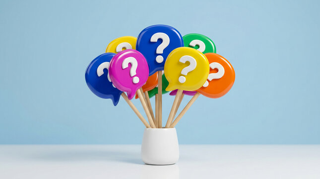 Colorful question mark speech bubble sticks standing in white vase on blue surface represent support faq help 3D render