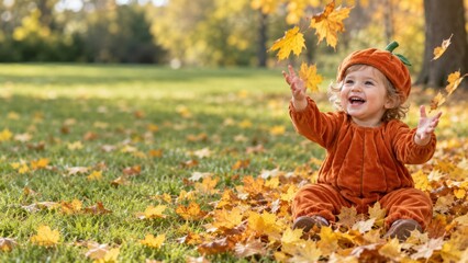 Fototapeta premium Happy toddler in pumpkin costume playing joyfully with autumn leaves in sunny outdoor park setting