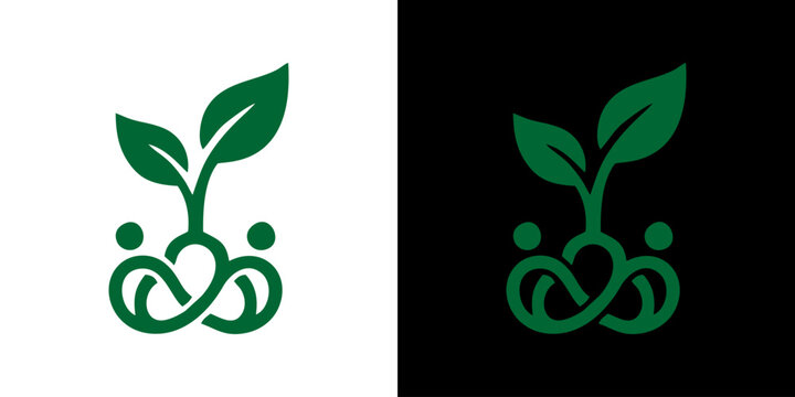 Logo Design Concept Symbolizing Growth, Unity, and Nature's Connection with Abstract Human Figures and a Sprout