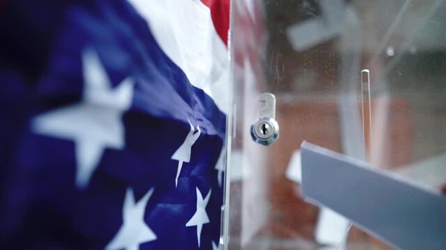 High angle of voter dropping ballot into transparent box with US flag on background