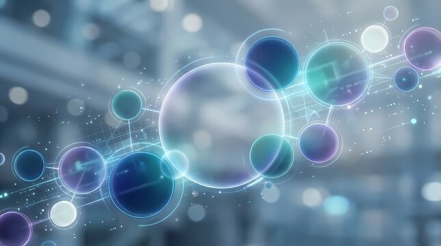 Abstract digital representation of molecular and atomic structures in a futuristic environment.
