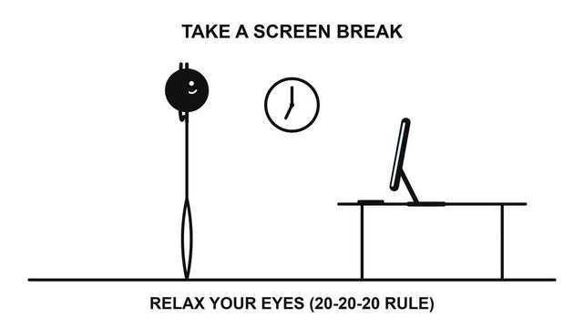 Animasi stickman 2D berwarna hitam solid memperagakan aturan istirahat mata dengan posisi meja dan monitor menghadap pengguna secara presisi.