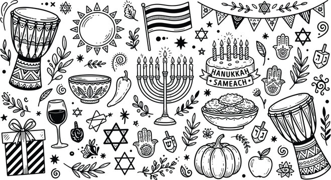  jewish hanukkah holiday doodle icon set menorah dreidel david star drum cake vector graphic illustration