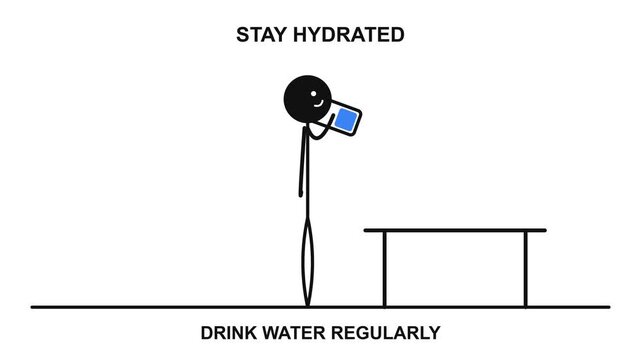 Animasi 2D stickman hitam solid yang memperagakan rutinitas minum air (stay hydrated) dengan pergerakan berjalan yang mulus, proporsional, dan tanpa distorsi anggota tubuh.