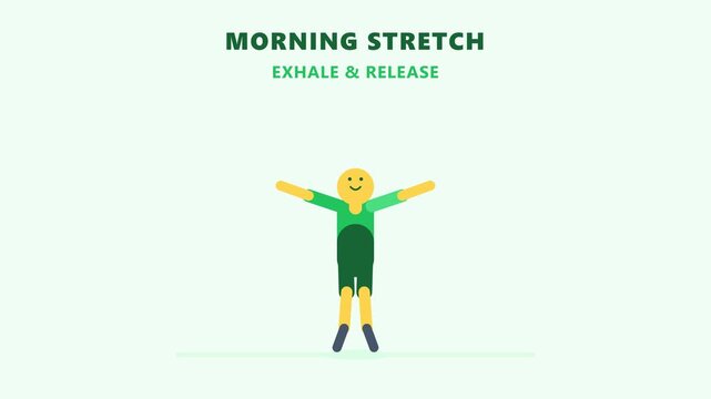 2D flat vector character animation performing a perfectly smooth morning stretch, scaled down to avoid overlapping with text headers.