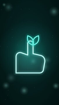 Cyan and teal on black hand holding a leaf neon animation, eco and sustainability motion background, vertical 9:16