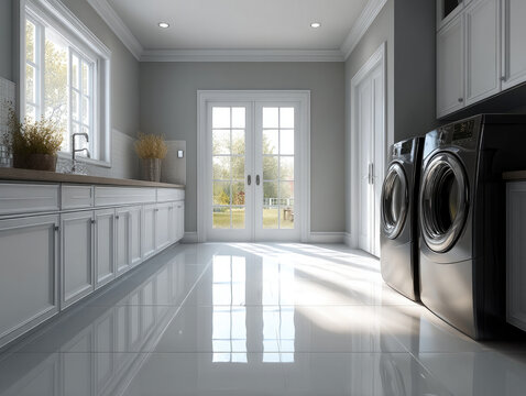 Clean spacious modern utility room with glossy tile floor, white cabinetry, large windows, and natural light