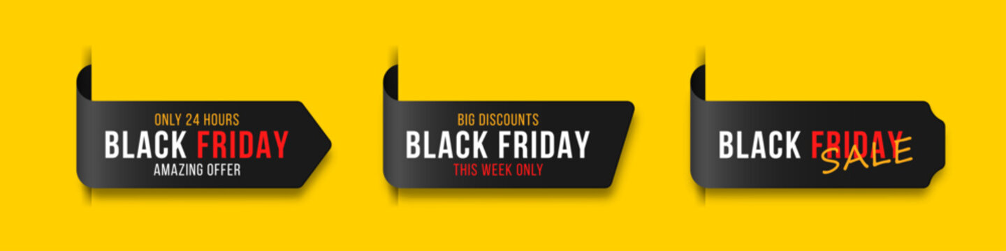 Black Friday promotional ribbons with special deals and retail discounts.