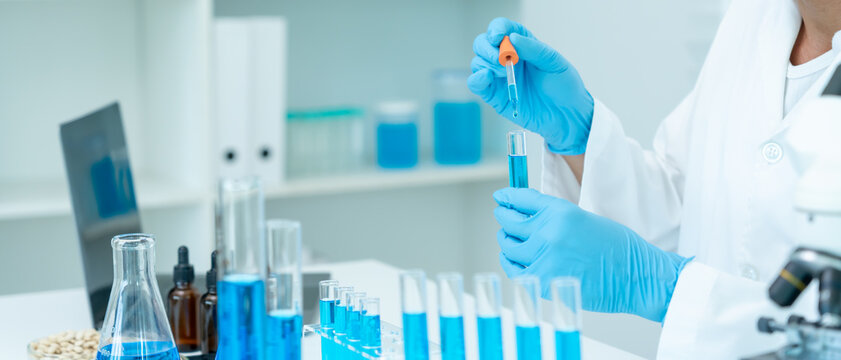 Scientist analyze biochemical sample in advanced scientific laboratory. Medical professional check chemical mix microbiological developmental of viral. Biotechnology research in science lab. cosmetic