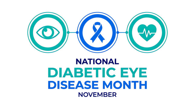 National diabetic eye disease month awareness illustration with eye ribbon and heart icons for november campaigns and health initiatives