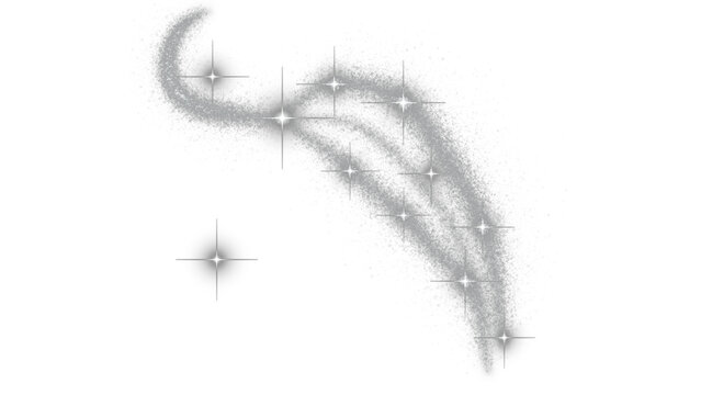 Silver glitter swoosh with twinkling star sparkles and curved dust trail, symbolizing magic, elegance and shimmer