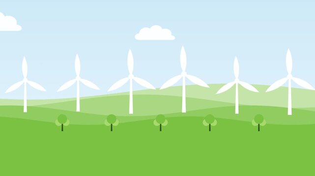 Lime green and sky blue paper cut hills with wind turbines animation, eco and sustainability motion background