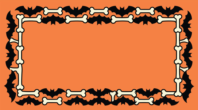 A festive halloween background vector featuring a decorative frame made of spooky black bats and white bones on orange