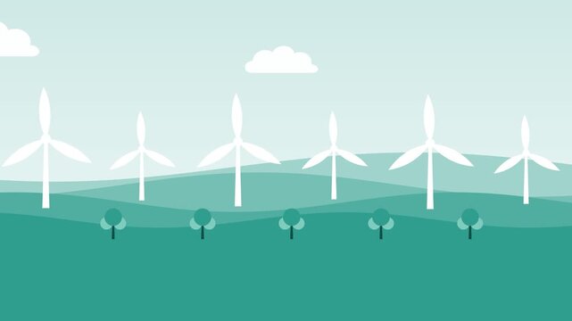 Teal and cream paper cut hills with wind turbines animation, eco and sustainability motion background