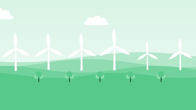 Mint green gradient paper cut hills with wind turbines animation, eco and sustainability motion background