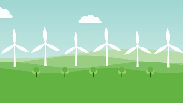 Golden yellow and green paper cut hills with wind turbines animation, eco and sustainability motion background