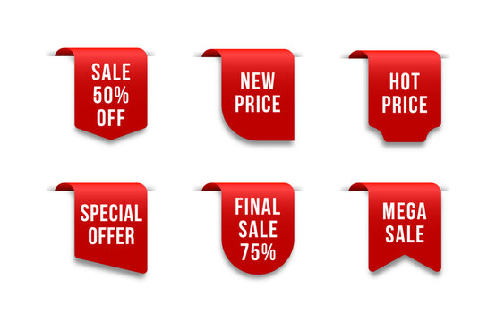 Sale tags with promotional prices and advertising labels.