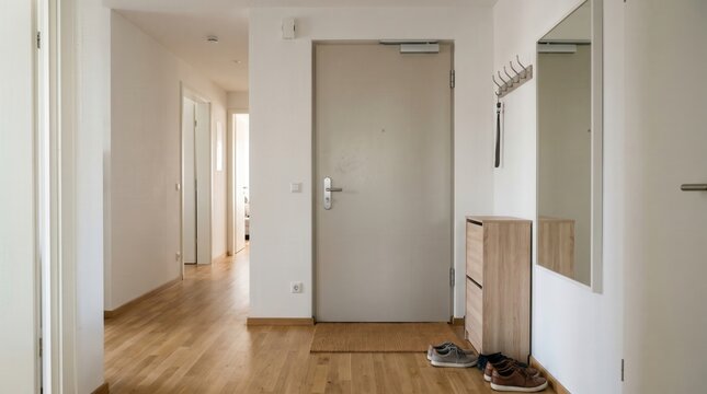 Bright modern apartment entryway with wooden flooring, closed gray front door, wall mirror, coat hooks, shoe cabinet, and shoes in a residential hallway interior