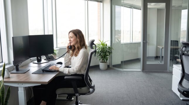 Woman working at a modern office desk with computer monitor, keyboard, telephone headset, potted plant, glass doors and bright windows in contemporary workplace interior