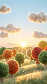 Stylized illustration of colorful rounded trees across a sunlit meadow beneath glowing clouds and a low sunrise, whimsical pastoral landscape with warm atmospheric light
