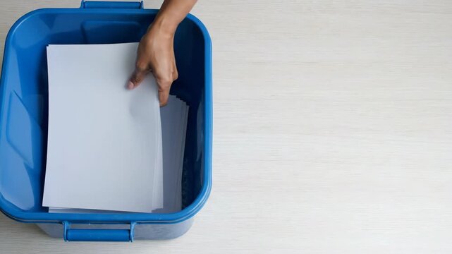 Top-down view of a hand sorting blank white paper sheets into a blue recycling bin. Environmental protection and waste management concept
