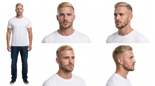 Studio reference collage showing blond bearded man in white shirt from front, side, three quarter, close up, and full body views on white background