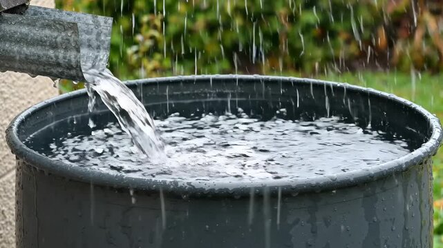 Rainwater collecting in a rain barrel. Water pouring from a metal gutter downspout during a storm