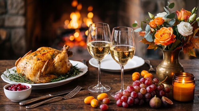 Thanksgiving holiday dinner table decorated with a roasted turkey