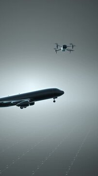 Slow motion vertical animation of a commercial airplane flying toward a drone, featuring a red bounding box highlight to show collision danger, ideal for a short-form social media explainer.
