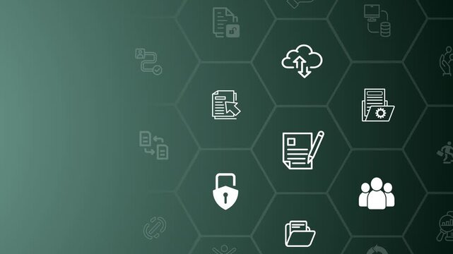 Document management and online file access concept. Online documentation database and digital file storage system/software, database technology, doc sharing. 