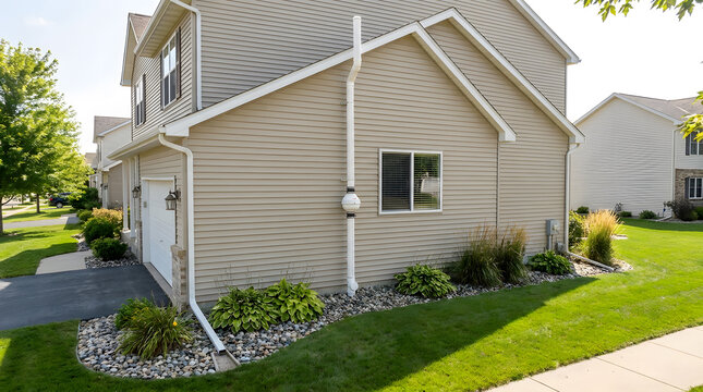 Radon Mitigation Vent Pipe System Installed On Home Exterior | Exterior Radon System Pipe On Residential House Wall | Home Radon Reduction Mitigation System Vent Pipe