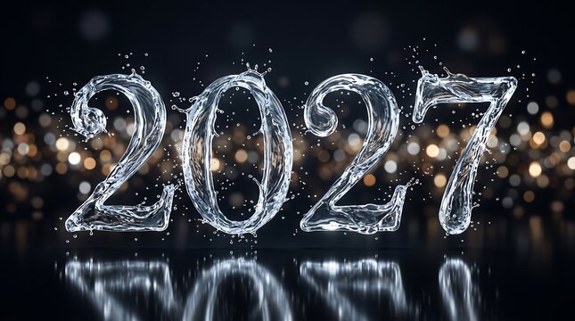 Water splash 2027 typography on dark background, liquid numbers for New Year celebration, festive bokeh lights with reflection