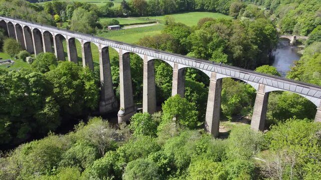 Aerial pull back from Pontcysyllte Aqueduct above the River Dee Wales