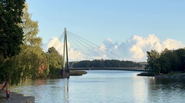 Helsinki Vanhakaupunki, Cable Stayed Bridge Over Calm Water in Early Autumn