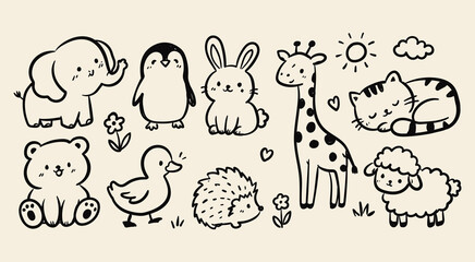 Obraz premium Cute baby animals doodle set cartoon nursery pets line art collection
