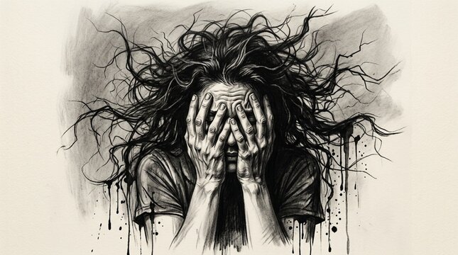 Distressed Woman, Mental Anguish, Anxiety, Fear, Sketch Art