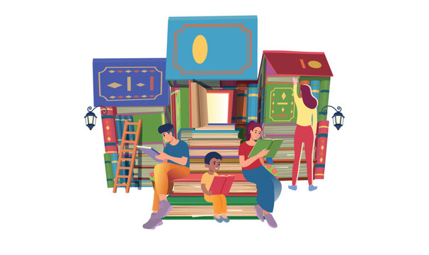Family reading together among giant colorful books, with parents and children in a creative educational illustration.