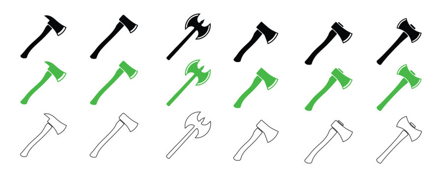 Variations of a hand axe depicted in different vector styles and shades of green handaxe hatchet tool weapon
