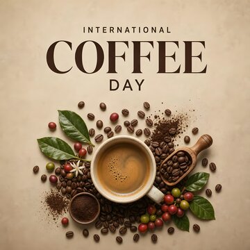 International Coffee Day Top View Poster with Coffee Cup and Beans