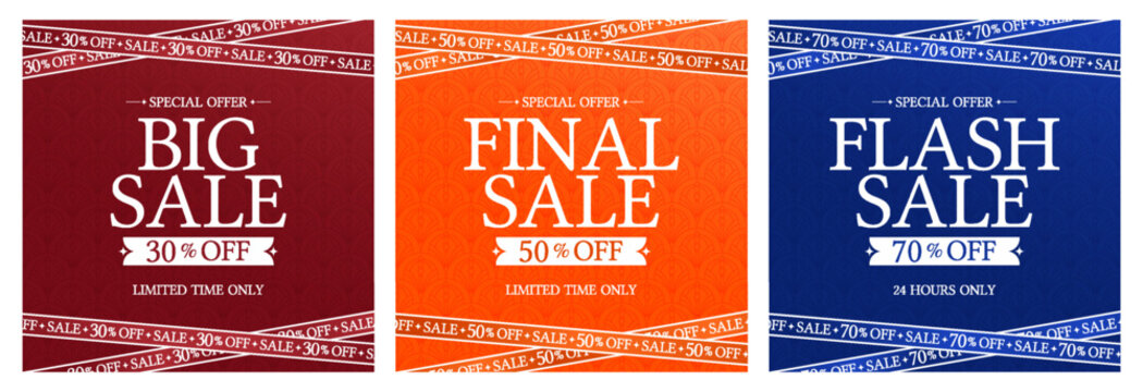 Big Sale, Final Sale and Flash Sale Poster Bundle with Discount Offers, Special Promotion and Decorative Pattern Background, Retail Marketing Templates for Shopping Events