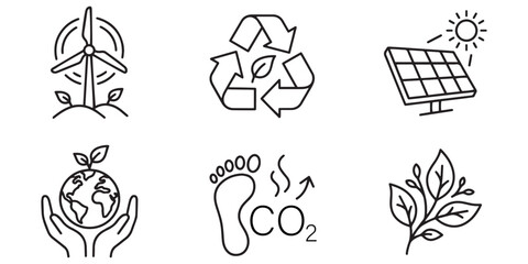 Fototapeta premium Line art icons depict renewable energy recycling and environmental concepts
