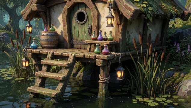 Digital illustration small wooden cabin middle pond has thatched roof round window front surrounded lush green