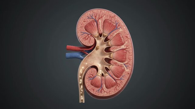 Kidney disease animation showing calcification and stones forming in renal pelvis