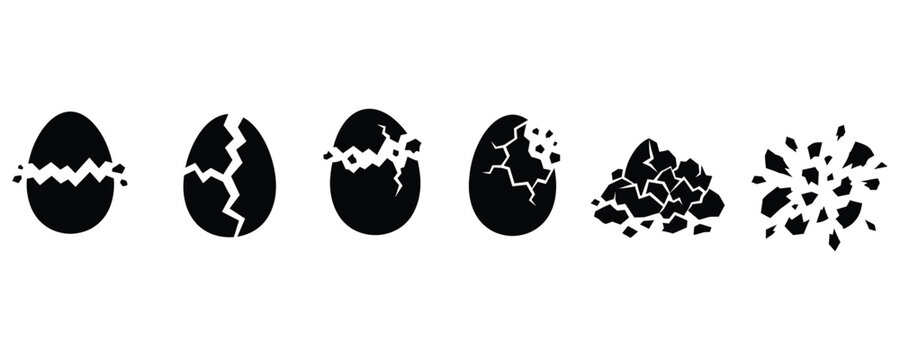 A series of egg silhouettes depicts progressive stages of cracking and fragmentation on a white background eggshell fracture